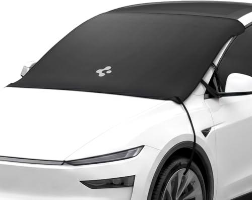 Spigen Magnetiskt vindruteskydd för bilar – skyddar blad, pollen, juice med full vindrutetäckning, vattentätt vikbart sommarsolskydd, passar Tesla Model Y Juniper och 3 Highland