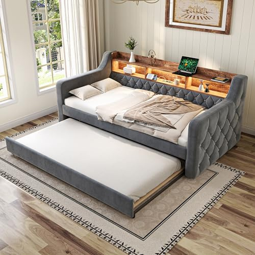 Ojjxh Upholstered Bed Daybed with Trundle bed, 90x190 cm Sofa Bed with LED Ambiance & USB-C Port, Modern Daybed with Storage Compartment & 12 Slatted Frames for Living Room, Grey, Velvet, No Mattress