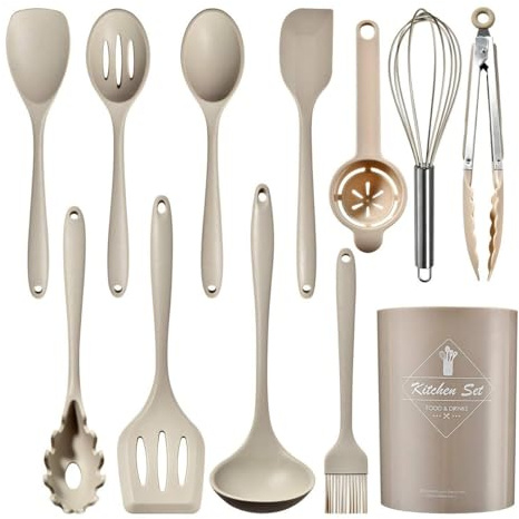 Juego de utensilios de cocina de silicona (12 piezas) con mango de acero inoxidable resistentes al calor y antiadherentes con soporte para utensilios aptos para lavavajillas color Caqui (sin BPA)