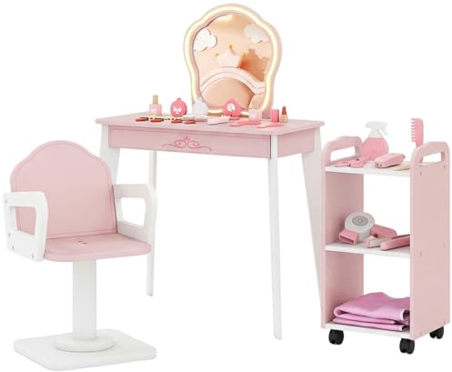 Maxmass Kids Vanity Table and Chair, Wooden Children Dressing Table with 3-Color Lighted & Removable Mirror, Swivel Barber Chair, Rolling Salon Cart, Princess Pretend Dresser Girls Makeup Desk Set