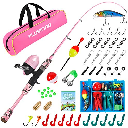 PLUSINNO Kids Fishing Pole with Spincast Reel Telescopic Fishing Rod Combo Full Kits for Boys, Girls, and Adults (Pink, 150cm 59.05In)