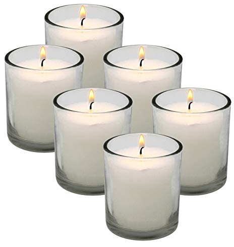 White Votive Candles in Clear Glass Jar 24 Hour Long Burning Time Decorative 1 Day Candle Cups Unscented for Dinner Wedding Centerpieces -6 Pack