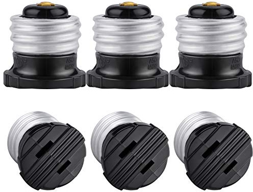 DiCUNO UL Listed E26 to Polarized Outlet Socket Adapter, Standard E26 Base Light Bulb to 2 Prong Outlet Plug Converter, Black, 6-Pack