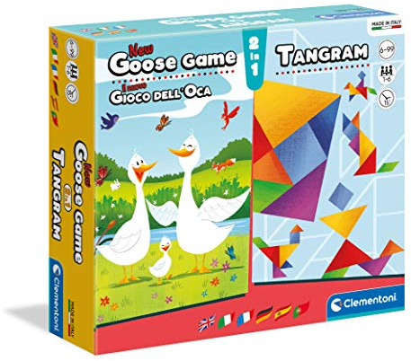 Clementoni 16301 Familienspiele – 2 in 1 Das Gänsespiel + Tangram, beliebte Kinderspiele, Brettspiel und Legespiel, kleine Spielesammlung für Kinder ab 6 Jahren