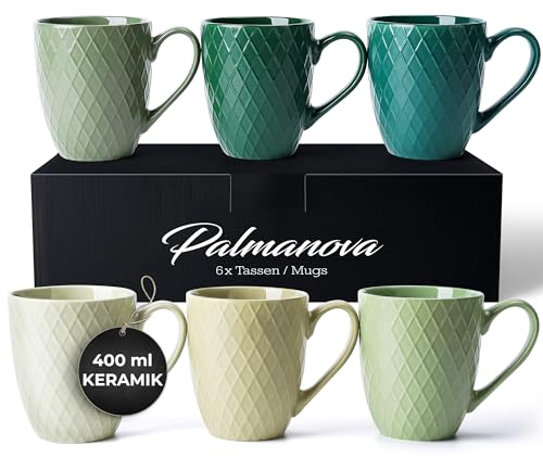 MIAMIO - 6 x 400 ml - Juego de tazas de café - Taza de cerámica moderna en mate - Taza de café grande - Colección Palmanova (Verde)