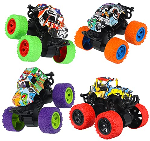 Pinenuts Monster Trucks, 4 Pack Monster Inertia Truck Pull Back Trucks Inertia Toy Cars 360° Rotation Friction Powered Cars Off-road Vehicles Birthday Gifts for 3 4 5 6 year old Kids Boys Girls