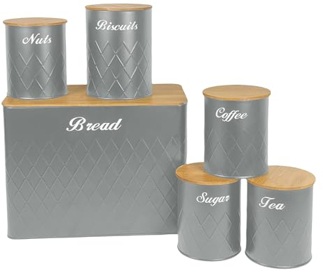 SG Traders 6pc Kitchen Storage Set with Airtight Bamboo Lids Includes Tea Coffee Sugar Nuts with Matching Biscuit Barrel Canister Jar & Stylish Bread Bin – Diamond Embossed Design Matt Finish (Grey)