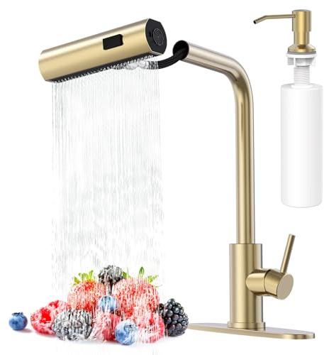 AVSIILE Brushed Gold Single Hole Kitchen Faucets with Pull Down Sprayer, Single Handle, High Flow Water, Pull Out Tap, Stainless Steel Sink Faucet, Suitable for Farmhouse Camper Laundry Rv Bar