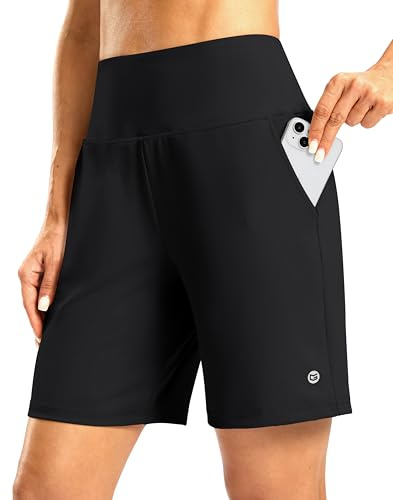 G Gradual Women's Athletic Shorts with Zipper Pocket 7 High Waisted Stretchy Bermuda Shorts for Women Workout Running Casual(Black,XL)