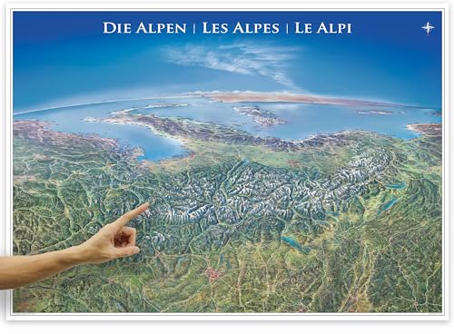 ORBIT Globes & Maps - Panorama Karte Alpen in deutsch als Poster, Karte der Alpen ca. 133x95cm: Gezeichnetes Relief im dreidimensionalen Stil, Blick von Norden nach Süden, Stand aktuell