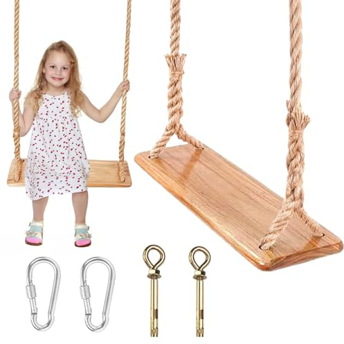 Hanging Wooden Swing, Seat 19.7x 5.1× 1.2, Tree Swings for Adults and Kids Outdoor, Adjustable Hemp Rope Plus Tree Straps 80 inch, Kids Swing with 500lbs