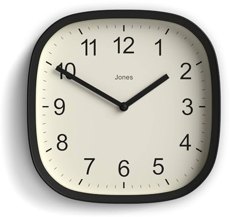 Jones Clocks® Sprite wall clock | Modern square clock | 25cm | Black | Rounded retro design | Easy to read numbers | Perfect for kitchen or office