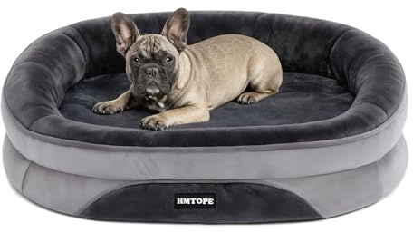 HMTOPE Orthopädisches Hundebett, Hundesofa, Vierseitiges Nackenrolle Kissen, rutschfeste Unterseite Hundekorb, Abnehmbar und Waschbar, Kleine Hunde, 71 x 53 x 14 cm, Dunkelgrau