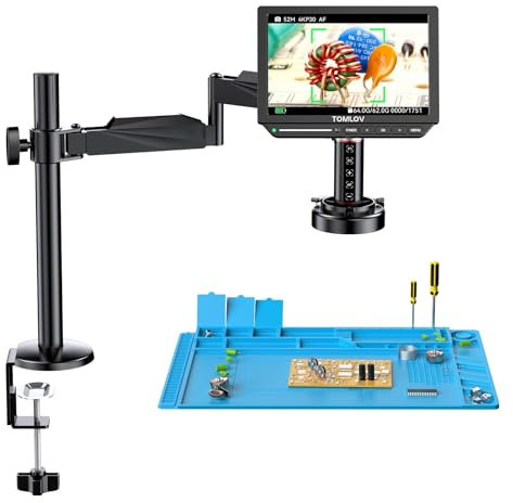 TOMLOV TM4K-AF Flex 4K Autofokus Digitales Mikroskop HDMI, 8 IPS Münzen Vergrößerung 2000X, 52MP Mikroskopkamera für Löten, mit Flex Arm, Multifunktionale Lötmatte, Ringlicht, 64GB-Karte