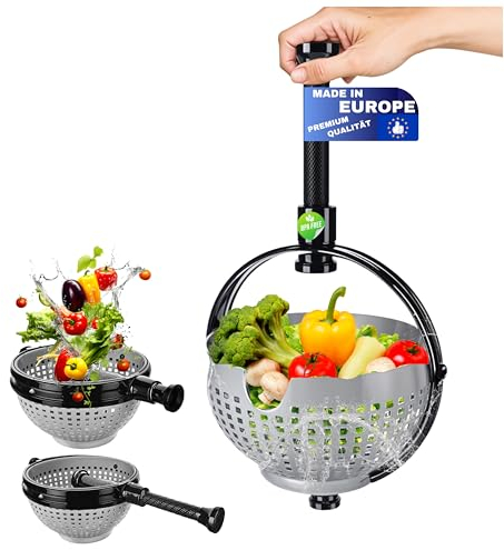 WoonFux® NEU!!! Salatschleuder mit praktischem Klappgriff - Salat Spinner mit minimaler Kraftanwendung durch Druck - Salatschleuder faltbar für Ihren Küchenkomfort