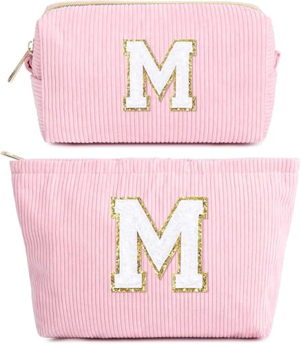 2 Pièces Sac à Cosmétiques Rose en Velours Côtelé avec Initiales, Pochette Cosmétique Grande Capacité Trousse de Toilette de Voyage Femmes Filles Cadeaux d'anniversaire Noël Sac de Rangement(M)