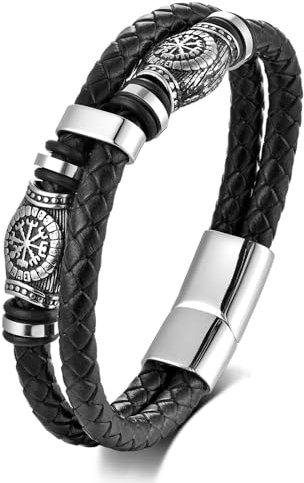 JSNOM Armband Herren Lederarmband Geschenke: Geflochten Leder Wikinger Wickelarmband Weihnachten Vatertag Valentinstag Liebesgeschenke Schmuck für Freund Ehemann Männer (B-Wikinger-21CM)
