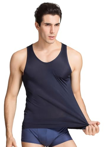 BrightGlow Canottiera in seta da uomo, senza maniche, shapewear, canottiera sportiva, senza cuciture, a compressione, senza maniche, con scollo rotondo, canottiere sportive da uomo, Blu mare, XL