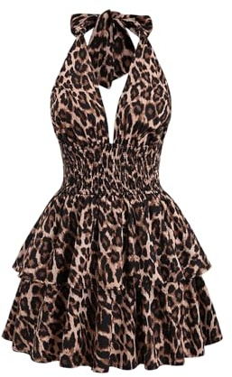 GORGLITTER Women's Leopard Print Dress Halter Neck Summer Going Out Swing Mini Dress V Neck Tie Backless Ruffle A Line Vacation Dresses Brown M