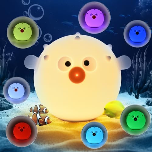 Euakee Pufferfish Lampada Notturna, Lampada Notturna Bambini, 7 Colori Luce Notturna, Tocco Portatile 1200mAh Batteria Lampada&Timing Bambini Luce Notturna, Camera Decorazione Regalo per Bambino