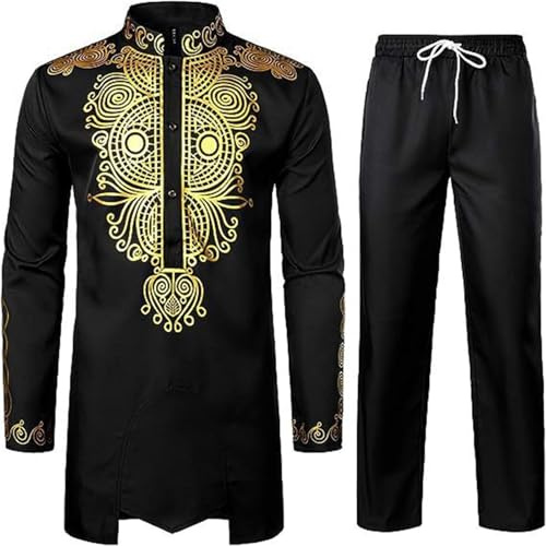 Vêtements de Cérémonie pour Hommes Africains Imprimé Or Chemise et Pantalon Dashiki Vêtements 2 Pièces Tenues Traditionnelles à Manches Longues Survêtement Slim
