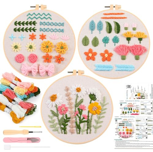 JSRQT 3 Piezas Kit de Inicio Aguja Perforadora para Principiantes, Kit de Práctica de Bordado Punch Needle para Aprendan Puntadas Básicas, Juego de Punto de Cruz con Herramientas e Instrucciones