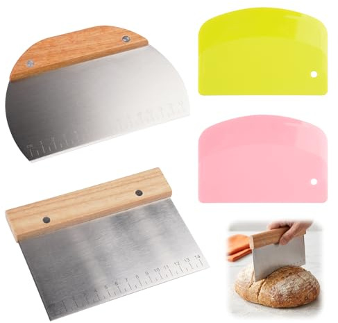 2 stycken degskrapor rostfritt stål, degkort, rostfritt stål, degskärare | med halkfritt trähandtag, med två plastspatlar för deg, pizza, bröd, kakor, brownies, riskaka, frukt, grönsaker