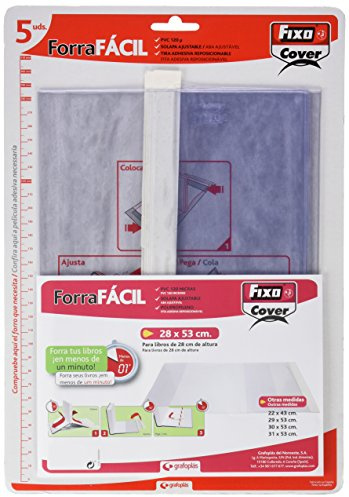 Fixo Cover 1009500－Pack de 5 forros para libros, ajustables, transparente, 28 x 53 cm