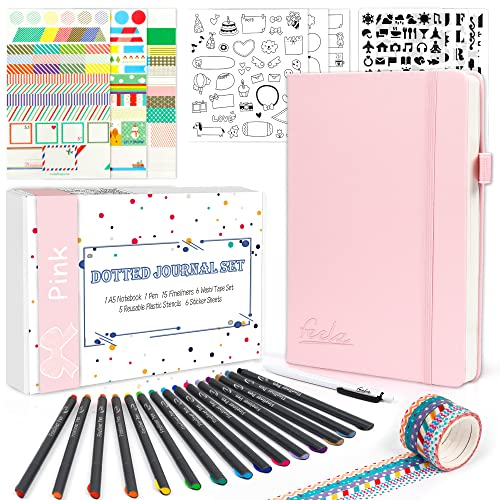 feela Journal Notizbuch Set, Notizbuch Set, mit 224 Seiten, Notizbuch A5 dotted, rosa Journal Buch, farbigen Fineliner, Schablonen, Aufklebern, Washi-Tape, schwarzem Stift für den Tagebuchplaner