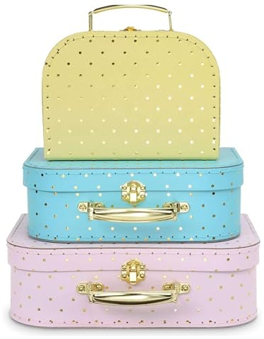 Jewelkeeper - Valigie in Cartoncino, Set da 3 – Scatole Regalo Portaoggetti Impilabili per Compleanno Matrimonio Natale Nursery Ufficio Decorazione Vetrine Giocattoli - Disegno a Pois in Lamina d'Oro