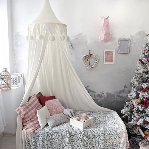 SHIKUN tente de lit en mousseline de soie ronde dôme lit baldaquin bébé moustiquaire avec drapeau et pompons style nordique rideau de lit de tente pour enfants pour garçons, filles, lit d'enfants