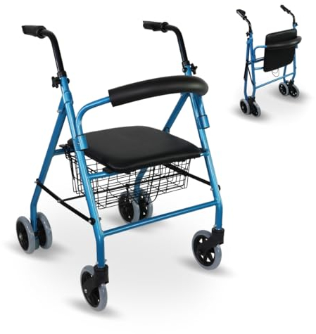 Mobiclinic®, Deambulatore per anziani, Prado, Rollator, Alluminio, Marchio europeo, Pieghevole, Freni a pressione, Con sedile, Girello 4 ruote, Colore blu