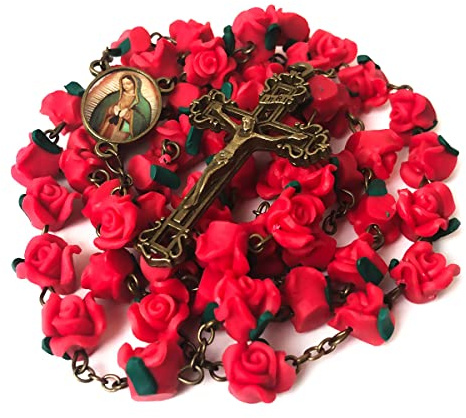Our Lady of Guadalupe Red Rose Garden Rosary - Rosary Beads Catholic for Women - Catholic Gift - Antique Bronze Crucifix