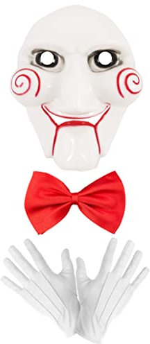 Edozos Adult Halloween Scary Jigsaw Mask + Red Bow Tie + White Gloves - Horror Movie Saw Puppet Billy Fancy Dress Costume Accessory Kit