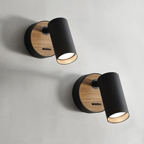 ouglres Schwarz Wandlampe mit Schalter,2 Pack Holz Wandleuchte Retro Wandspot aus Aluminium Lampenschirm Drehbar,Wandleuchte innen Kompakt Bett Schlafzimmer Wohnzimmer,GU10