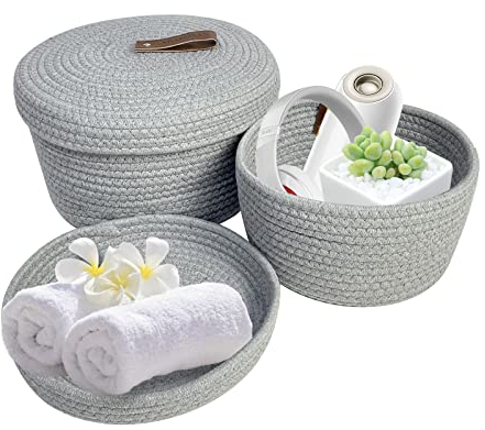 Yearonan Storage woven basket set of 2 -Storage baskets with lids-cotton rope basket-With leather buckle，suitable for bathroom, kitchen,