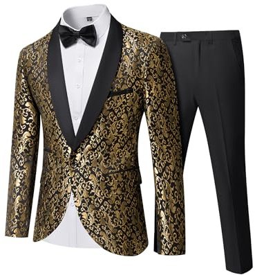 YND Men's 2 Piece Slim Fit Suit Set, One Button Shawl Lapel Floral Pattern Party Blazer, Jacket Pants with Bow Tie, Gold