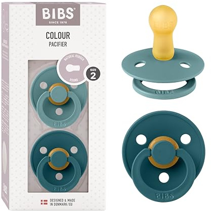 BIBS Colour Dummy, 6-18 Months, 2-Pack, Island Sea/Forest Lake | Round Natural Rubber Teat | Size 2 | BPA-Free | Made in Denmark | High Teat Acceptance | Airflow Holes | Comfort Shield