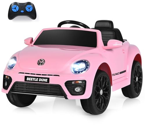 GOPLUS Elbil för barn med 2,4 G fjärrkontroll, 12 V barnbil med musik, horn, stötdämpande hjul och strålkastare, barnfordon med 2 dörrar att öppna, upp till 5 km/h, för barn 3–8 år (rosa)