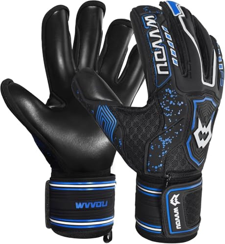 WVVOU Torwarthandschuhe Kinder und Herren Größe 8 Schwarz, Abnehmbarer Fingersave, 4+3 mm Latex, rutschfest, Fußball-Training und Spielbetrieb, Atmungsaktives Netz