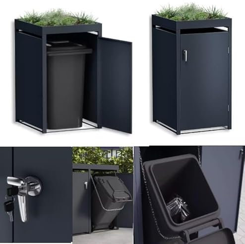 DWD® Garden Single Wheelie Bin Hideaway with Plant Roof 120L / 240L Waste Bin Storage Shed w/Locking Door Outdoor Hygienic Rustproof Dustbin Unit Trash Cover Powder coated Steel Matt Grey RAL7016