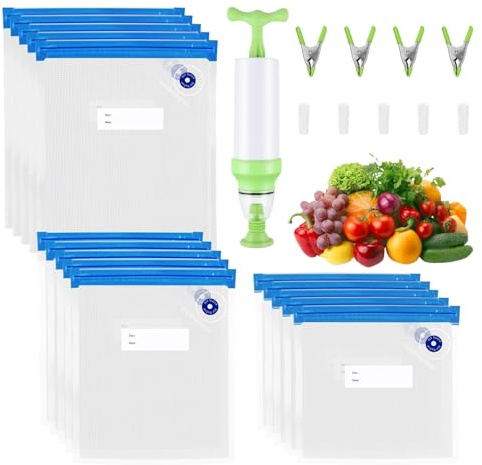 15 Pieces Reusable Food Vacuum Sealers Bags with 1Handheld Pump Sous Vide Bag Kit Portable Vacuum Set 3Size Sealed Freezer Bag 5Sealing Clips 4Green Cooking Tongs Meat Vegetables Food Sandwich Storage