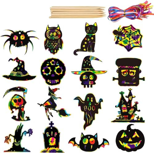 SULOLI 48 Stück Halloween Kratzbilder Set,Regenbogen Kratzpapier,Scratch Art für Karneval Party Halloween Erwachsene Kinder