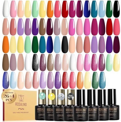 ROSALIND 30pcs Gel Nail Polish Set, 26 Colors Gel Polish with 3Pcs Glossy Matte Glitter Top Coat and Base Coat All Seasons Nude Blue Red Gel Nails art Kit DIY Salon at Home