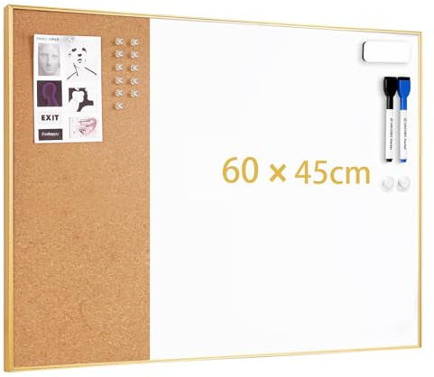 ARCOBIS Dry Erase Cork Board Combo, 24X18 Bulletin White Board for Wall, Magnetic Corkboard Whiteboard Combination, Vision Board for Office, Home, School Gold Frame