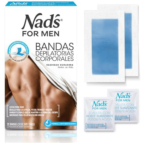 Nad's For Men Gebrauchsfertige Körperwachsstreifen, Wachsstreifen für Männer, Haarentfernung für Männer, enthält 20 Wachsstreifen und 2 Tücher nach dem Wachs, 20 Stück (1 Stück)
