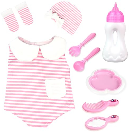 BNUZEIYI Accesorios para Muñecas Bebe - Set de Alimentación y Cuidado con Biberón Sombrero Calcetines para Niñas Juguetes Regalo, Ropa para Muñecas de 14-16 Pulgadas y 18 Pulgadas