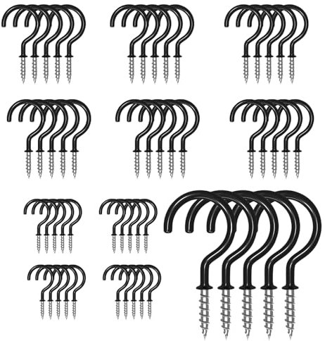 36PCS Metal Ceiling Hooks - 1-1/4 Inch Black Coated Screw-in Hooks for Hanging Plants, Cups, Lights, Kitchen