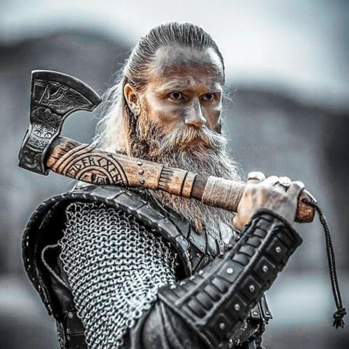 Viking Axe High Carbon Steel Sharp Blade Hand Forged Hunting Camping Axes, Ashwood Handle, Vikings Bearded Outdoor Ax, Hatchet Tomahawk Gift, Wood Splitting Axe Xmas Birthday Gift with Leather Sheath