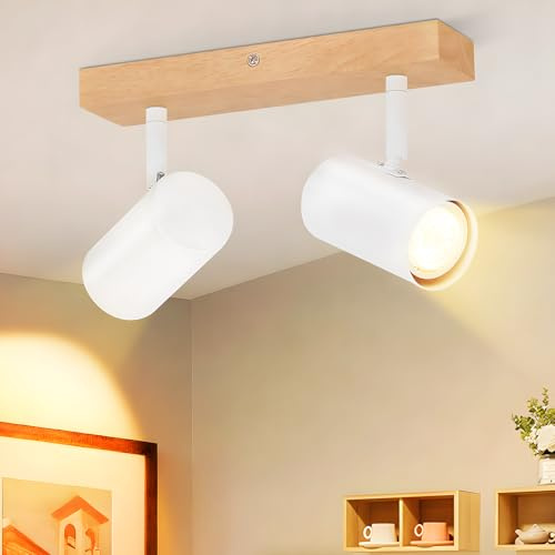 Glitzerlife Takspot 2 Ljuskällor Trä Taklampa - Takspotlights Halllampa GU10 Vit Svängbar 350° Spotlight för Modern Inomhus Korridor Matsal Sovrum Köks Vardagsrum